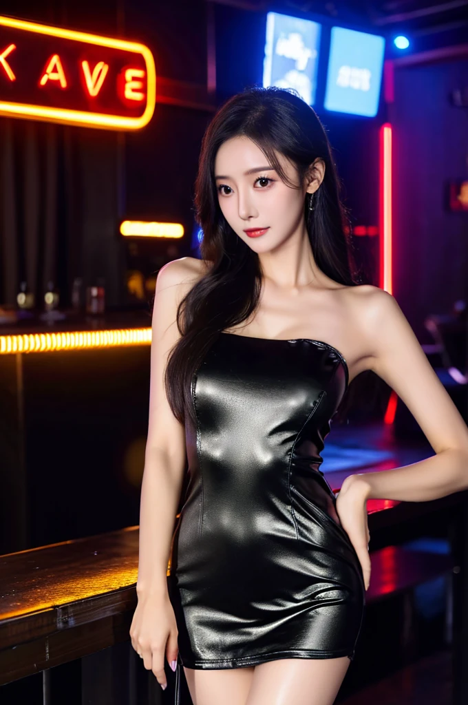 best quality, 8k, very delicate and beautiful, highly detailed face and skin texture, shiny skin, high resolution, sexy long hair chinese girl in black thigh short dress dancing at night club, under neon light, sharp focus