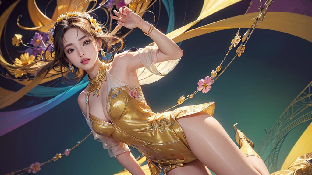 liquid metal girl, golden metal, shiny body, (masterpiece), (best quality), (ultra detailed), (ultra high res), (octane render), (gigantic breasts:1.6), (random pose:1.2)