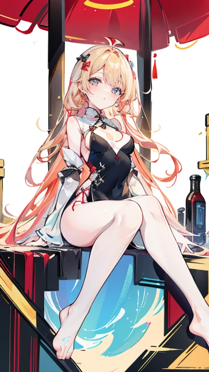 7thmarch,7th_march, honkai star rail, 1girl, alcohol, alternate costume, armlet, bare shoulders, black background, black dress, black gloves, black thighhighs, breasts, cleavage, criss-cross halter, cup, dress, drinking glass, flower, gloves, gradient background, hair between eyes, blue earing, halterneck, holding, holding cup, large breasts, long hair, looking at viewer, pink hair, pink nails, blue eyes, see-through gloves, solo, thighhighs, thighs, very long hair, wine, wine glass, ((masterpiece)) pleated pink skirt, sitting,