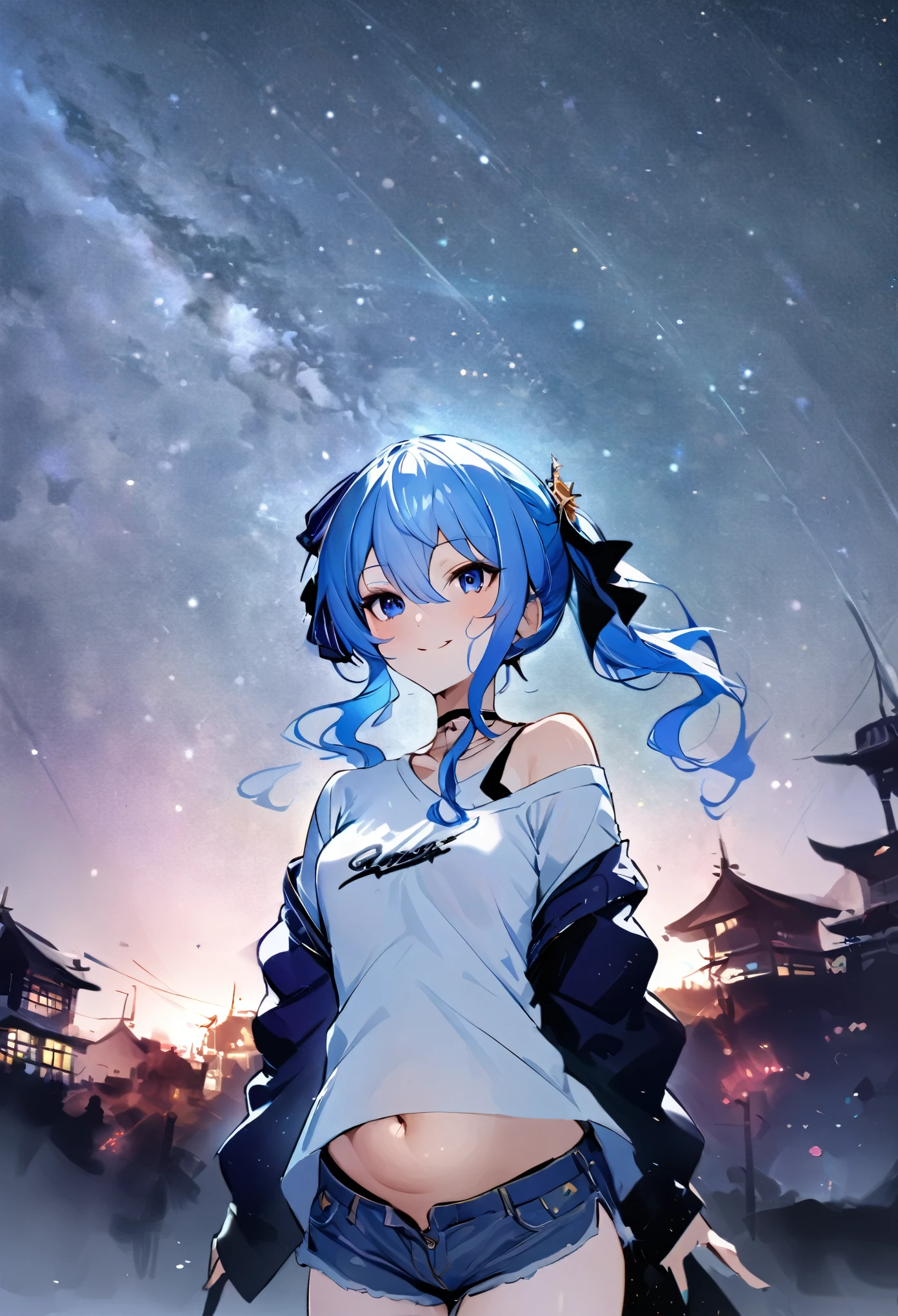 (8k、Best image quality、highest quality、masterpiece)、Detailed face、 1girl、Blue Hair、Long Hair、sideponytail、dark_blue_eyes、smile,(glimps_of_ navel)、small_breasts,(White_short_T-shirt:1.3)、Off the shoulder、Black shoulder straps、(open_front_denim_short_shorts:1.2)、City Background, starry_sky_landscape ,hoshimachi suisei,(covered_nipples:0.3), (belly_button:1.2),nihil,solo,stargaze,girl_looking_up_sky,slender,solo,