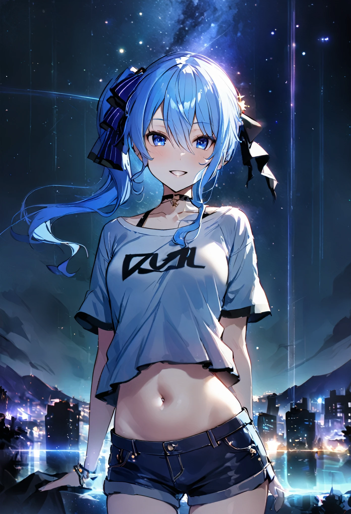 (8k、Best image quality、highest quality、masterpiece)、Detailed face、 1girl、Blue Hair、Long Hair、sideponytail、dark_blue_eyes、smile,(glimps_of_ navel)、small_breasts,(White_short_T-shirt:1.3)、Off the shoulder、Black shoulder straps、(open_front_denim_short_shorts:1.2)、City Background, starry_sky_landscape ,hoshimachi suisei,(covered_nipples:0.3), (belly_button:1.2),nihil,solo,stargaze,girl_looking_up_sky,slender,solo,