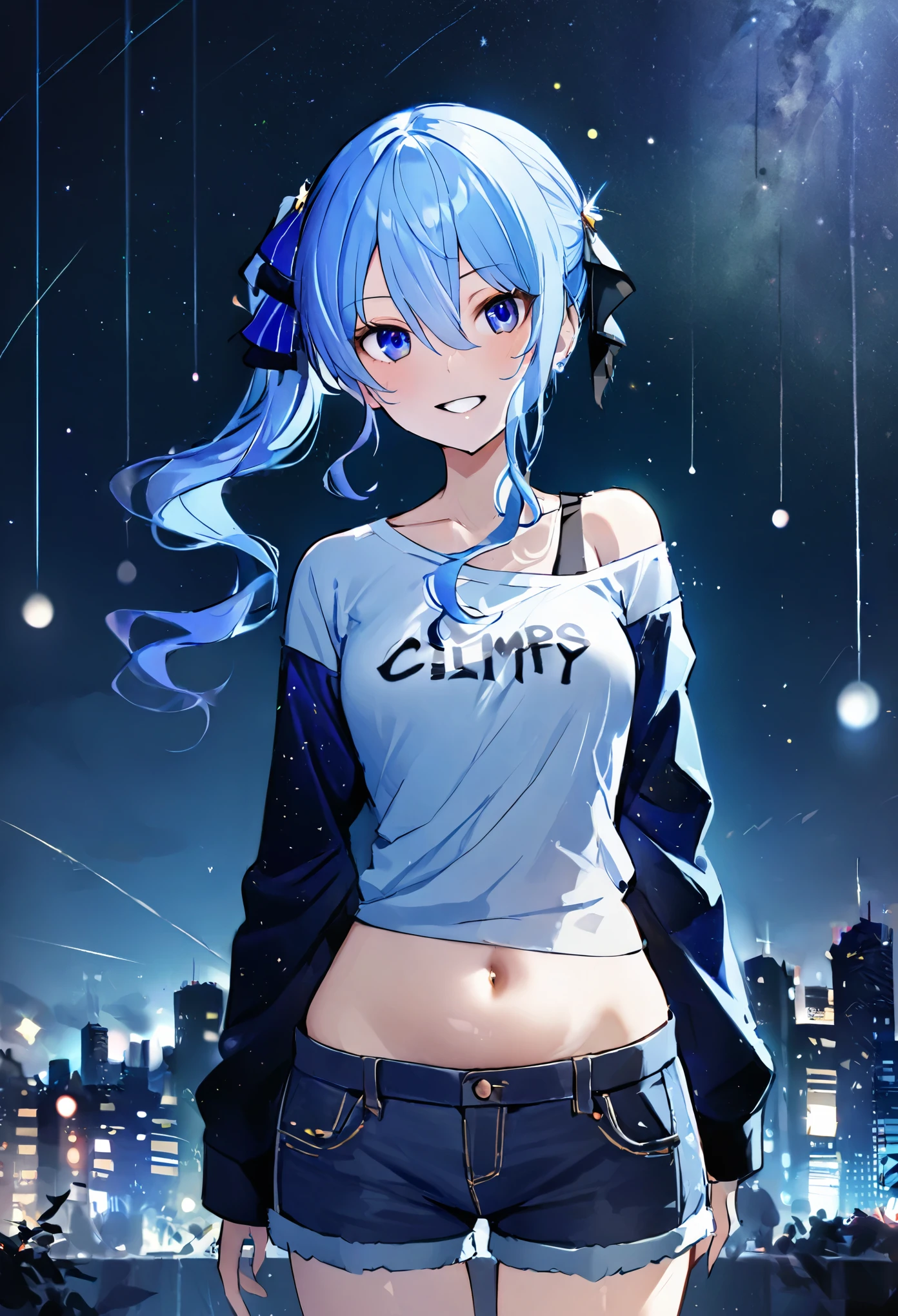 (8k、Best image quality、highest quality、masterpiece)、Detailed face、 1girl、Blue Hair、Long Hair、sideponytail、dark_blue_eyes、smile,(glimps_of_ navel)、small_breasts,(White_short_T-shirt:1.3)、Off the shoulder、Black shoulder straps、(open_front_denim_short_shorts:1.2)、City Background, starry_sky_landscape ,hoshimachi suisei,(covered_nipples:0.3), (belly_button:1.2),nihil,solo,stargaze,girl_looking_up_sky,slender,solo,