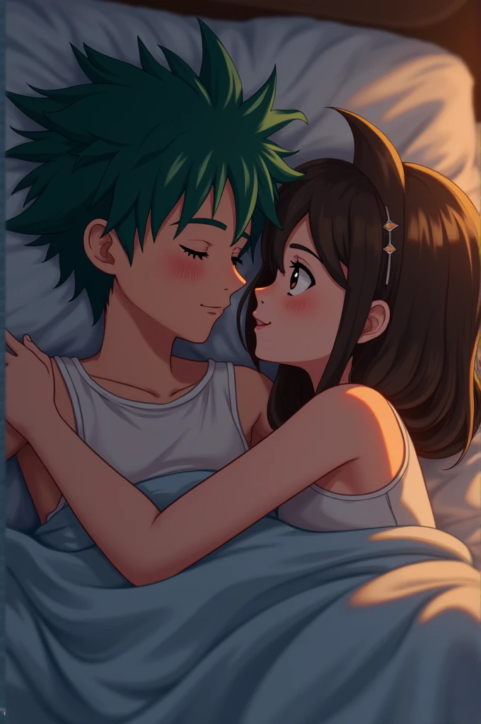 Izuku Midoriya and Himiko Toga from My Hero Academia, sleeping and cuddling in a bed at night, anime style, soft moonlight through window, intimate pose, peaceful expressions, Midoriya's green hair and Toga's blonde buns visible, shared blanket, dim bedroom setting, warm and cozy atmosphere