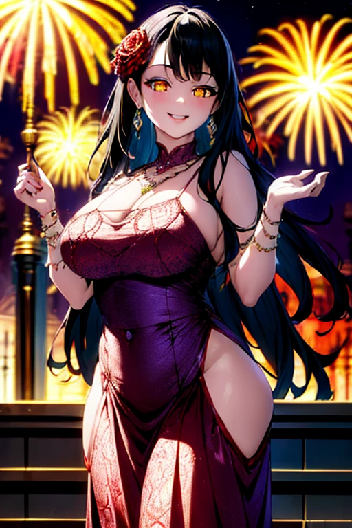 work of art, absurderes , (intricate details]), (colorfully),cinematic lighting,bust photo,extremely detailed CG unity 8k wallpaper,ten ten\(shippuuden\), 1 girl, standing alone, bright red dress, , charmer smile, looking at the observer, (Neckline cutout), big breasts earrings, necklase, fireworks, plein-air,