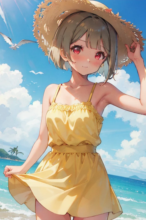 Tanned hair，Bobcut，short hair，ワンレングスBobcut，Asymmetrical Hairstyles，Long left hair，Red Eye，nakasu kasumi，Yellow camisole dress，Strong winds，Panty shot，Blushing face