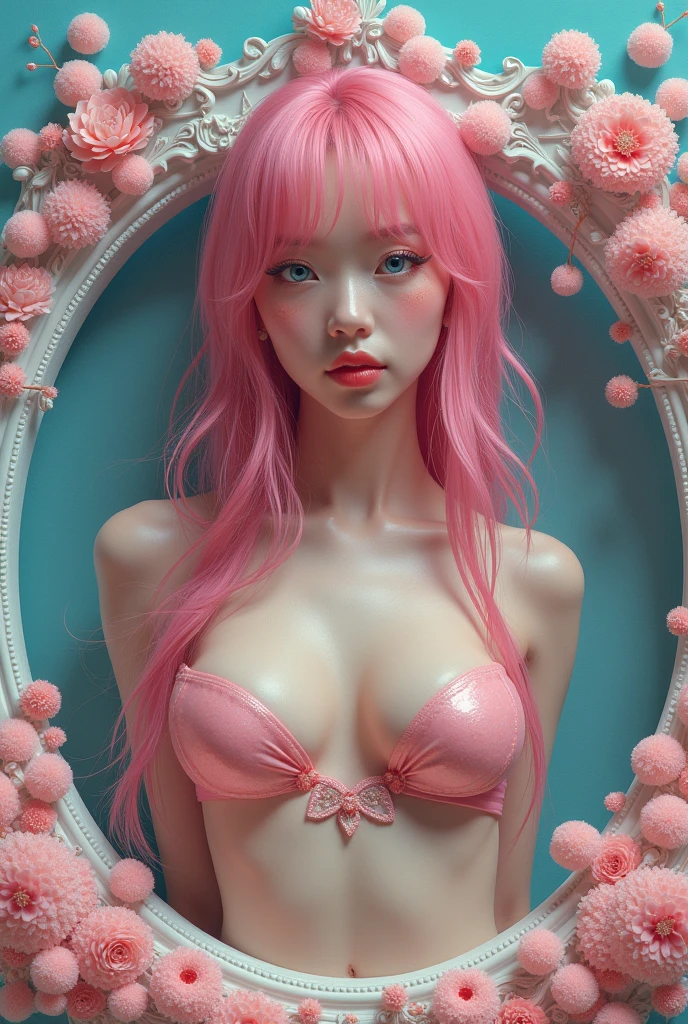 A realistic rendering of an Anne Anderson style illustration of a very close shot, ultra close shot on the breasts  of a pert, nubile, thin, freckled  teen   girl with 50s style,  red hair, bows in hair, slight smile, topless, best quality, tiny breasts, bare breasts, small breasts, bare crotch, exposed crotch, open legs, legs spread open,  pink nipples , puffy nipples , exposed nipples , wearing a clear, pink, plastic body armor, clear pink plastic armor, clear, pink, plastic body harness, clear, pink, plastic body cage,  pink bondage straps, black, spiked  choker necklace, black leather jacket,  a silver chain wrapped around body, open, white blouse, white lace collar, pastel lace, pastel lace straps under nipples, pastel lace straps under breasts,  open light blue, fuzzy sweater, undressing,        
  uniform, partially clothed, sitting  in a bondage harness swing, in a darkened, pink, neon lit, 1950s teen girl's bedroom, glowing pink, neon lights, full of bondage straps,, ultra close shot on breasts, very, very close shot on breasts 
