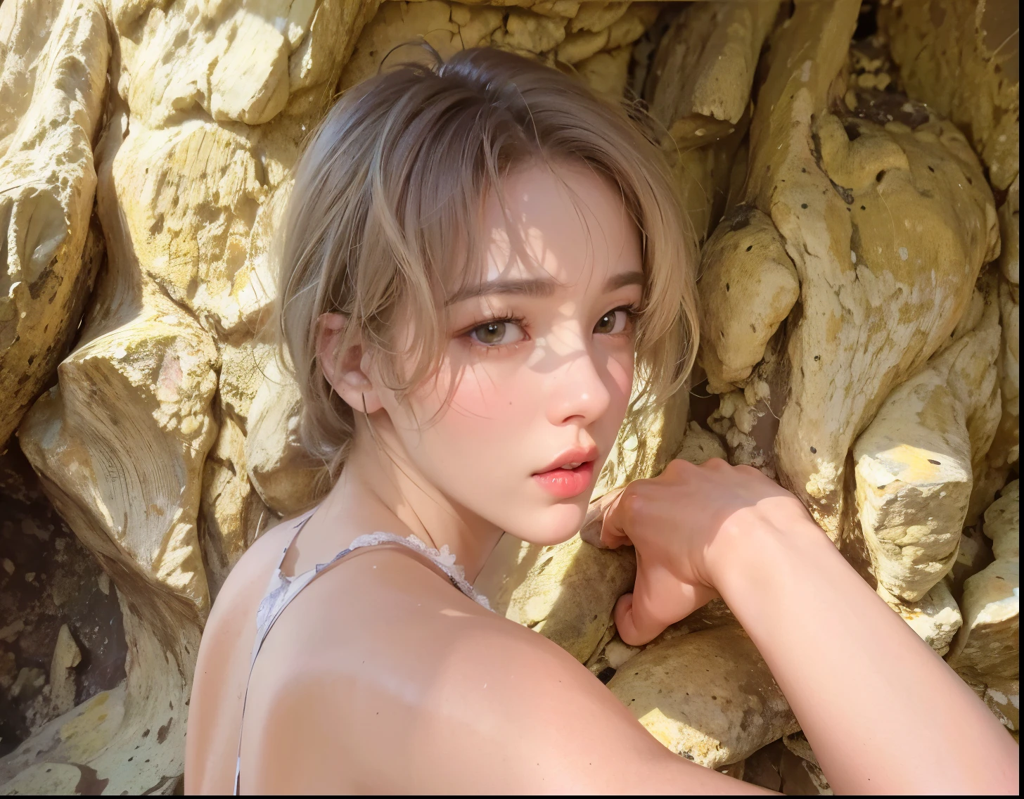 RAW photo, a 22-year-old-girl, (1girl), (realistic), (photo-realistic:1.5), lipstick, (freckles:0.5), (short hair), necklace, (RAW photo, 8k uhd, film grain), Sharp Eyeliner, Blush Eyeshadow With Thick Eyelashes, extremely delicate and beautiful, 8k, soft lighting, high quality, highres, sharp focus, extremely detailed, during the day, (sunlight on face), beautiful detailed eyes, extremely detailed eyes and face, masterpiece, cinematic lighting, (high detailed skin:1.2), 8k uhd, dslr, soft lighting, high quality, film grain, Fujifilm XT3
