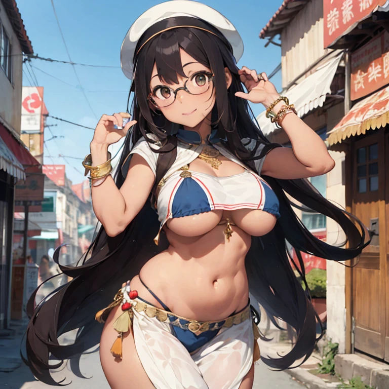 ((best quality)), ((masterpiece)), (detailed), perfect face, topless, ultra huge tits, natural giant saggy breast, nipple, navel, fair skin, dark hair, bangs, beauty, tall, topless belly dancer, low rise belly dancer skirt, ponytail, outdoor town street, glasses, necklace, earring, standing straight facing to camera, showing both armpit, raising both hand, seducing face