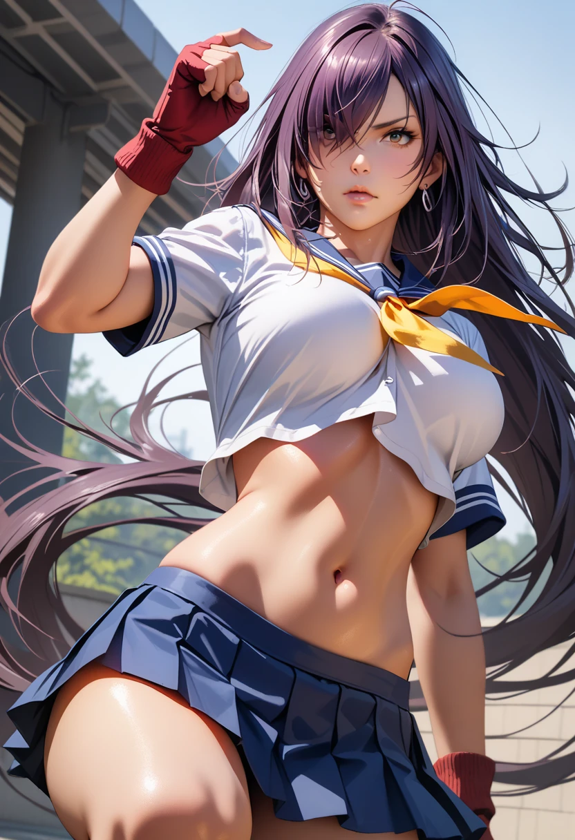 kanu, purple hair, hair over one eye, very long hair,school uniform,ultra miniskirt,red fingerless gloves, midriff,navel, loose socks, pleated skirt, yellow neckerchief, earrings, loafers,large breasts,perfect hands, perfect finger,perfect anatomy, masterpiece, best quality,realistic, hyperrealistic, 16k hdr,1 mature female,outdoor,high school,(fighting pose,dynamic pose:1.2),dynamic angle,strong wind,upper body,serious,from below