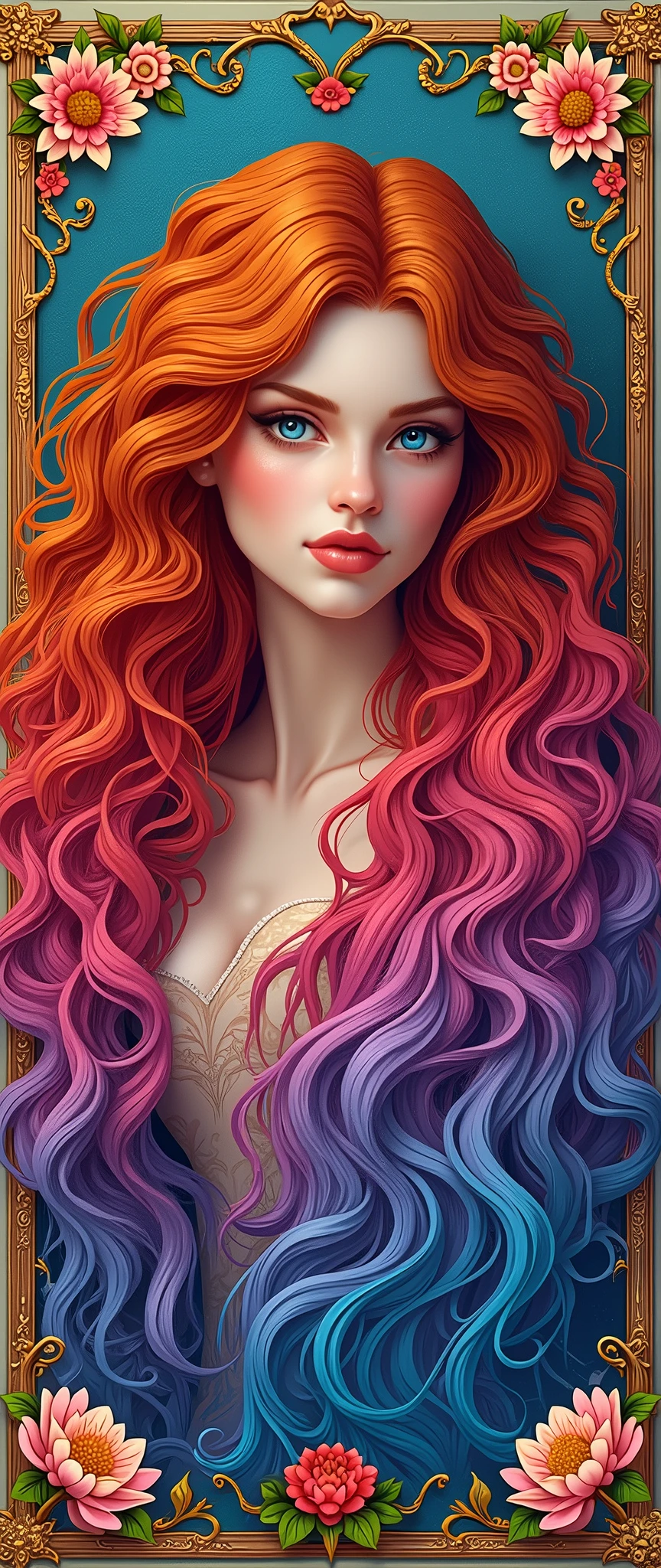 tarot card style, 1 girl, solo, portrait , digital illustrated, flowing hair, glowing rainbow hair, night, pastel , looking at the camera , looking_at_viewer, ring lighting, rim lighting, trending on artstation, wlop, dsktaro1