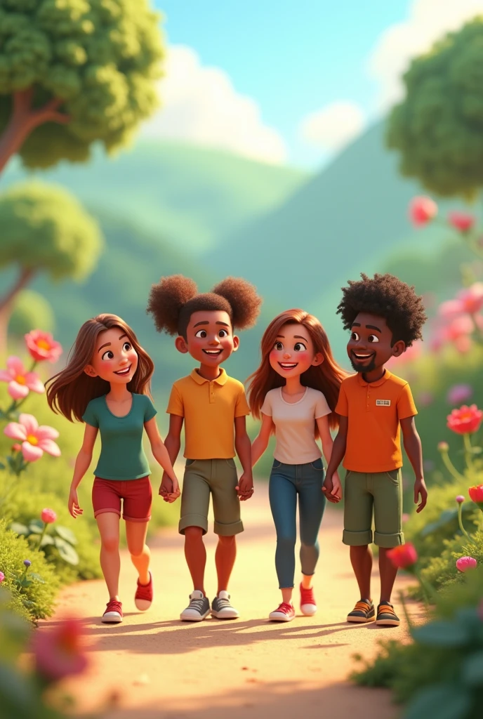 Create a poster inspired by Disney Pixar movies, where there are four children posing for a picture on the grass, diversas idades, arte mista, Diferente, etnias variadas, todo mundo se divertindo, kids playing, em um fundo escuro, cabrito, Beautiful image, next gen, mix of ethnicities and genders, grupos de humanos felizes, uma imagem, Familiar, garoto feliz, divertindo-se, looking-into-camera