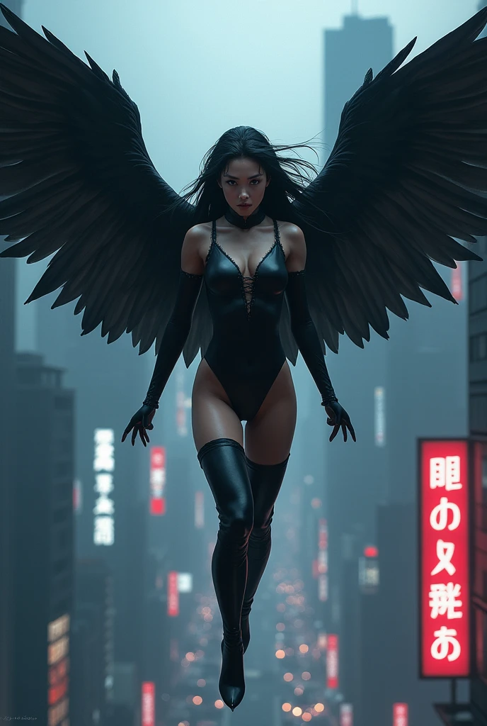 naked girl in city, vampire, feather wings, nude, proper naked no bra and panties