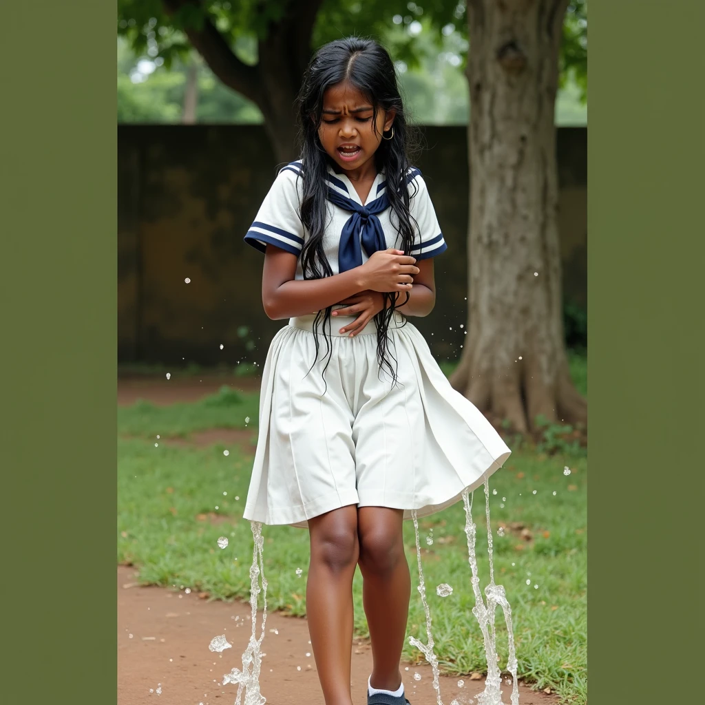 Aerial shot. A teenage girl with long way black hair looking up at the camera above her. She is wearing a plain white shirt with short sleeves, a grey skirt, and a black school belt, marry jane shoes and white socks, 1970s era, cinematic lighting, back lighting, raining, tropical storm, wet, soaked