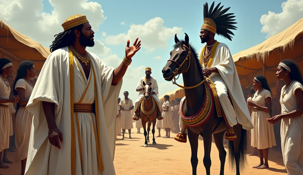 arafed man in a blueblack robe sitting in a chair with a group of men in white robes, ethiopian civil war, wearing a hat, holding a pipe with his hand, colorized 1 9 0 4 photo, colorized, award winning colorized photo, colourized, a colorized photo, colorized photograph, 1914, 1 9 1 4, colourised, ancient kings in white robes, colorized photo, Ethiopian warriors, minilik II,