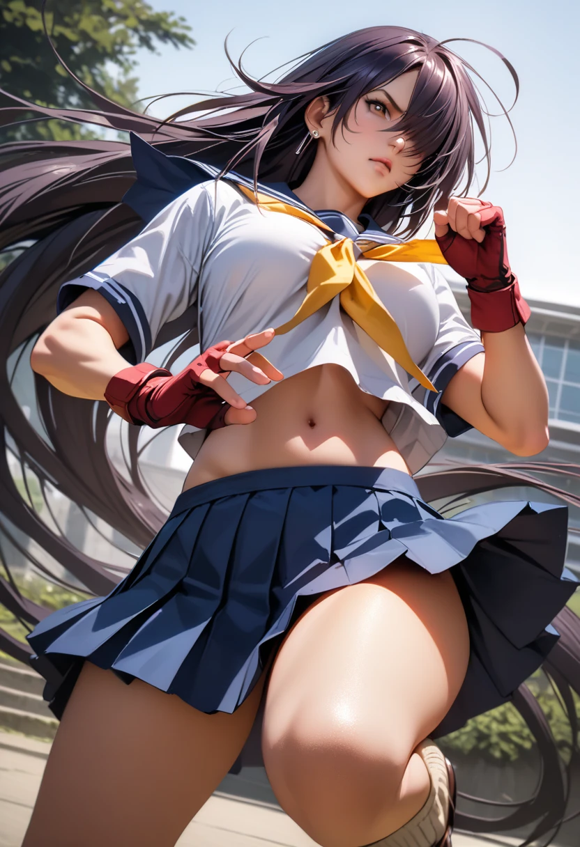 kanu,dark purple hair, hair over one eye, very long hair,school uniform,ultra miniskirt,red fingerless gloves, midriff,navel, loose socks, pleated skirt, yellow neckerchief, earrings, loafers,large breasts,perfect hands, perfect finger,perfect anatomy, masterpiece, best quality,realistic, hyperrealistic, 16k hdr,1 mature female,outdoor,high school,(fighting pose,dynamic pose:1.2),dynamic angle,strong wind,upper body,serious,from below