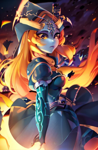 {{masterpiece, best quality, ultra detailed CG, unity 8k wallpaper, cinematic lighting}} perfect character fusion, True Midna, Iris, red hat, dark red and black dress dress, orange hair, blue eyes, Reploid Twili, Beautiful character design, perfect eyes, perfect face, breasts, cleavage, in a forest setting,