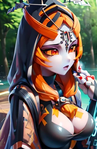 {{masterpiece, best quality, ultra detailed CG, unity 8k wallpaper, cinematic lighting}} perfect character fusion, True Midna, Iris, red hat, dark red and black dress dress, orange hair, blue eyes, Reploid Twili, Beautiful character design, perfect eyes, perfect face, breasts, cleavage, in a forest setting,