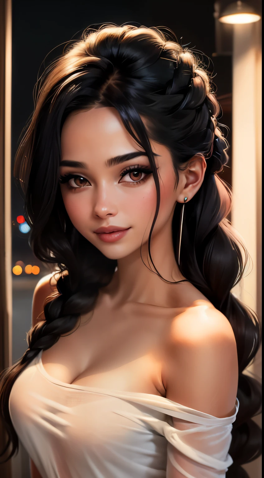 Amazing portrait of a sexy and cute woman in love with her black hair braided as she blushes deep during night time with soft lighting showcasing her seductive and soft eyes and her pink lips which are parted in a seductive smile and her long neck and collarbone having a medium chest with cleavage showcased by the off shoulder t shirt showcasing her bare shoulders