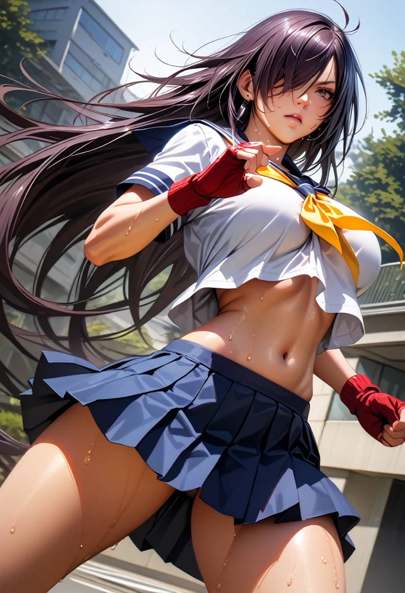 kanu,dark purple hair, hair over one eye, very long hair,school uniform,ultra miniskirt,red fingerless gloves, midriff,navel, loose socks, pleated skirt, yellow neckerchief, earrings, loafers,large breasts,perfect hands, perfect finger,perfect anatomy, masterpiece, best quality,realistic, hyperrealistic, 16k hdr,1 mature female,outdoor,high school,(fighting pose,dynamic pose:1.2),dynamic angle,strong wind,upper body,serious,from below,sweat,panty