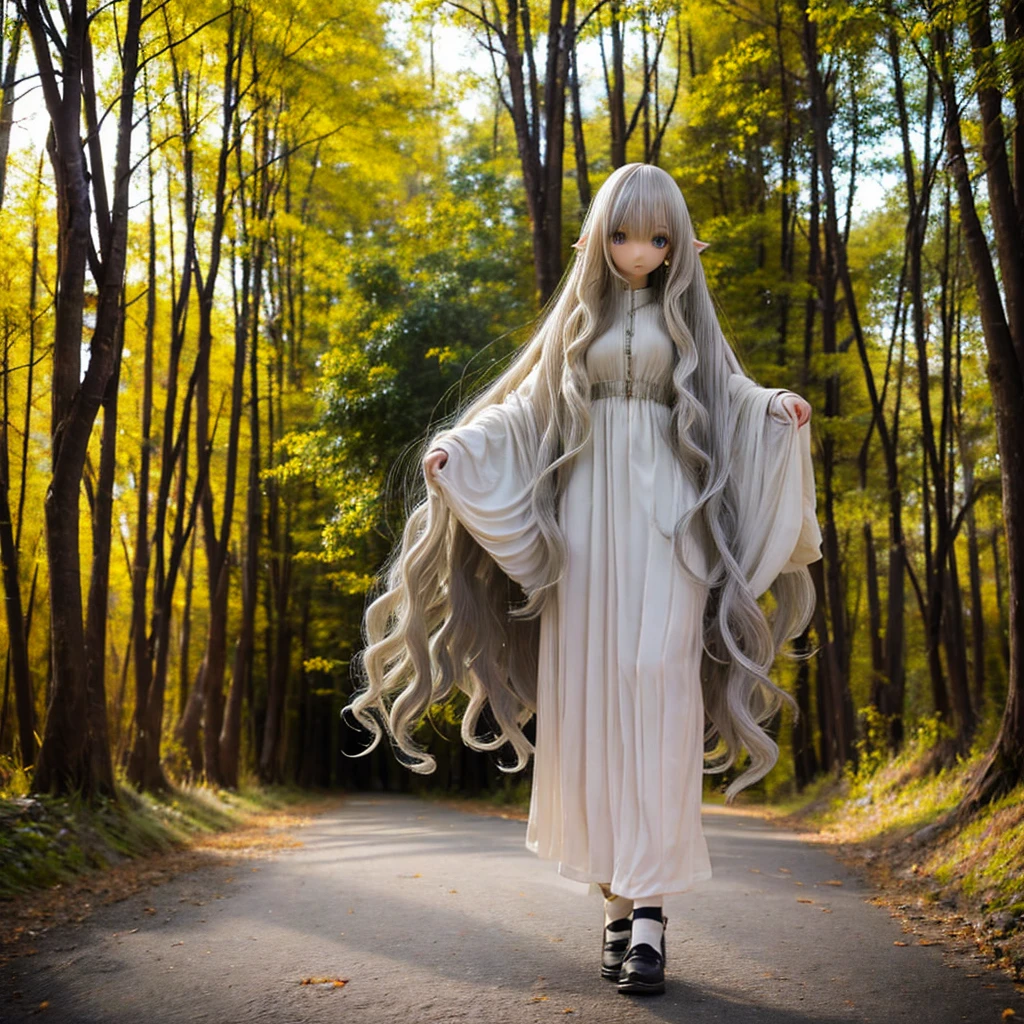 One girl, solo, Silver Hair, Disheveled Hair, Hair that falls over the shoulders, Curly Hair, Super long hair, Hair in the eyes, Hair behind ears, walk,background：The Forest