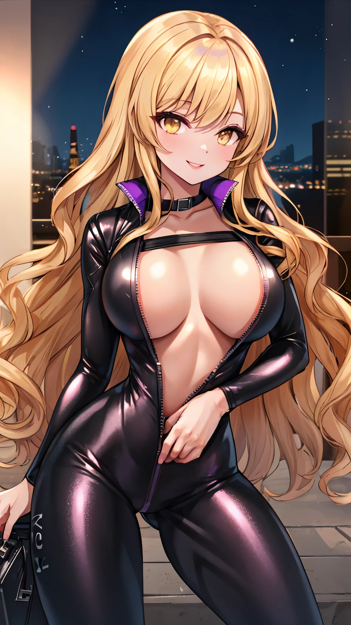 （（super high quality,））（（Ultra-high resolution,））（16K,）（super masterpiece,）（（Ultra HD ,））（Detailed shading,）One sexy mature woman,Tight black riding suit,popped Tight open collar,Long wavy hair,（（Purple hair from the top to half of the head,Blonde from half of hair down,））Purple-tinged golden eyes,Sexy smile,Night view,