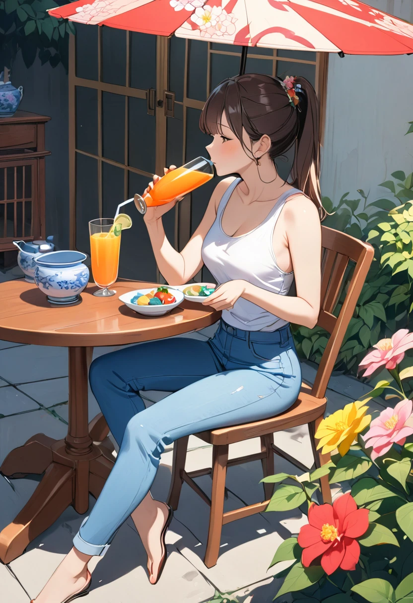 creates a 25-year-old woman sitting with her feet crossed holding a glass of orange juice wearing a brown leather miniskirt and a white tank top in a garden passage with tables and chairs