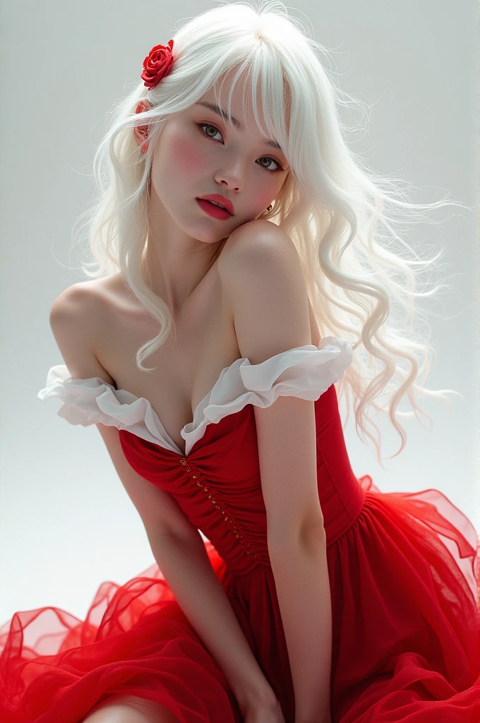mulher arafed deitada em uma cama com bolas de fio, pale snow white skin, 4K HD |. cabelos brancos de neve, porcelana pele branca, fotografia de moda fine art, photoshoot de moda high-end, branco vermelho, pale porcelain white skin, pale ivory skin, soft pale white skin, com longos cabelos brancos, fotografia de alta moda, menina com cabelo branco