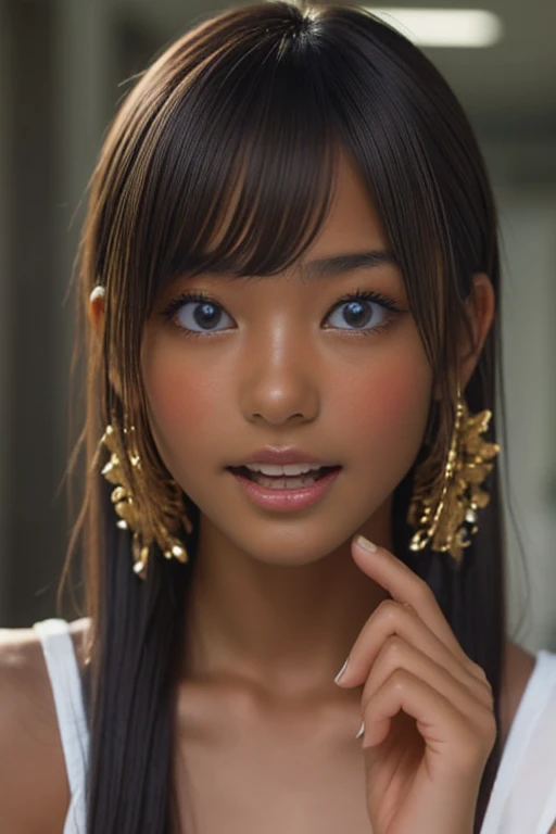 (((( one girl )))), Put your hand over your mouth、Beautiful breasts、 Brown eyes, ((Gal Hairstyles)) blonde, girl, (Eye and facial details:1.0), break, (masterpiece, Highest quality, Very detailed, Detailed face, 8k),( dark skin:1.9 ),( open mouth ),