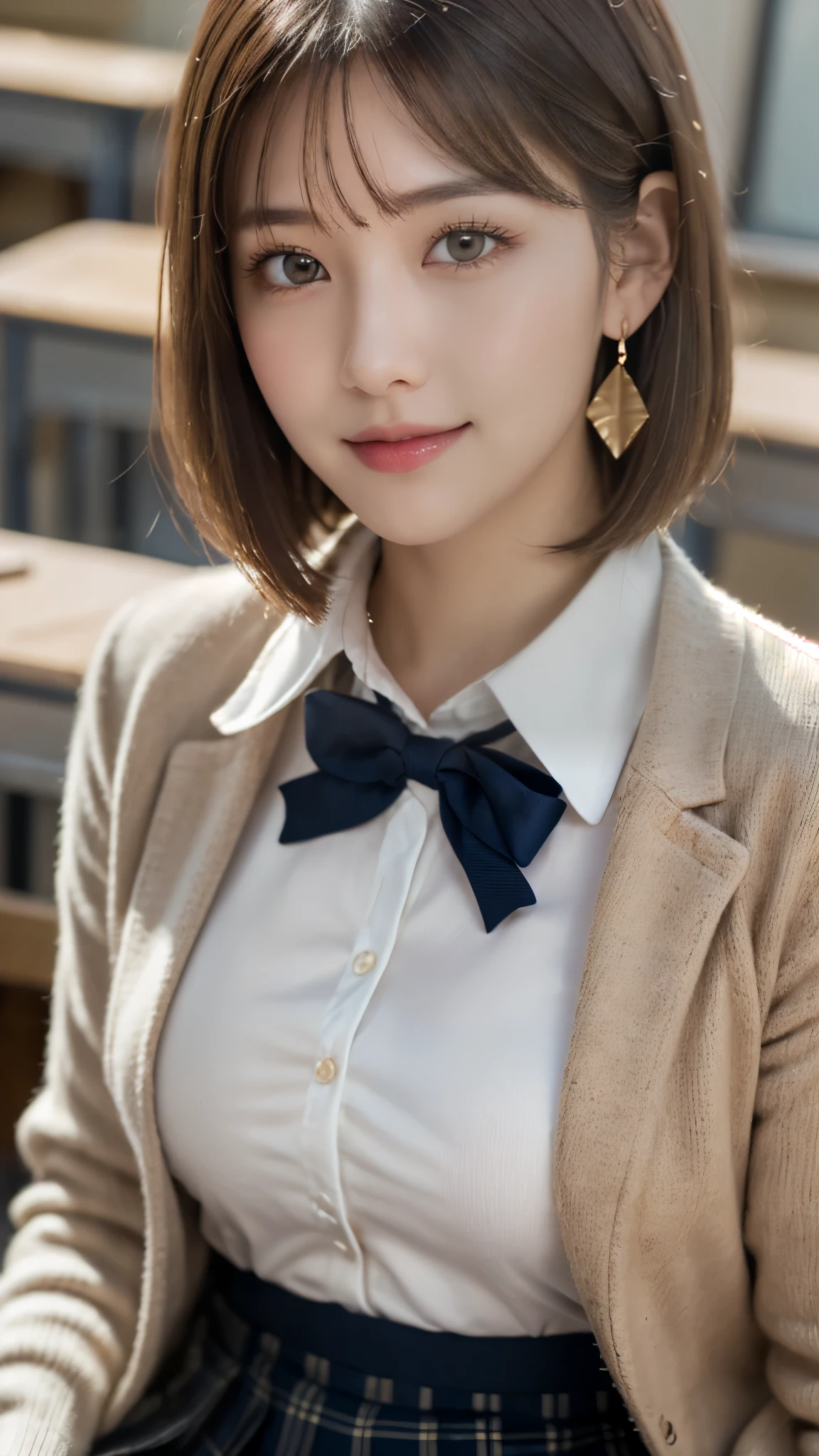 (A beautiful and cute high school girl in a school uniform is in a high school classroom during lunch break, She is wearing a blazer and a plaid pleated skirt as her uniform, with a ribbon accent around her collar:1.3), 
BREAK 
(Photorealistic, 32k, RAW photo, best quality:1.4), (masterpiece:1.3), (absurdres, attractive, ultra high resolution, ultra realistic, highly detailed, golden ratio, ultra detailed), 
BREAK 
1 beautiful woman, super fucking beautiful detailed face, natural makeup, intricate cloth texture, finely detailed hair texture, beautiful detailed full-body, perfect female form, accurate, Anatomically correct, Highly detailed face and skin texture, (beautiful elegant hands), (realistic skin), (beautiful pale skin:1.1), beautiful Breasts, 
(Perfect dynamic composition, looking at viewer, extreme close-up:1.5),
BREAK 
(School uniform, blazer & plaid pleated & ribbon accent around her collar, detailed cloth texture), (Earrings), 
BREAK,
realistic eyes, beautiful detailed eyes, symmetric eyes, captivating detailed eyes, light brown eyes, double eyelids, thin eyebrows, (glossy lips:1.4), (kissable expression, blush:1.3), (beautiful smile:1.1), 
BREAK,
((short bob cut, dark brown hair, bangs:1.2)), (Daytime, classroom:1.3)