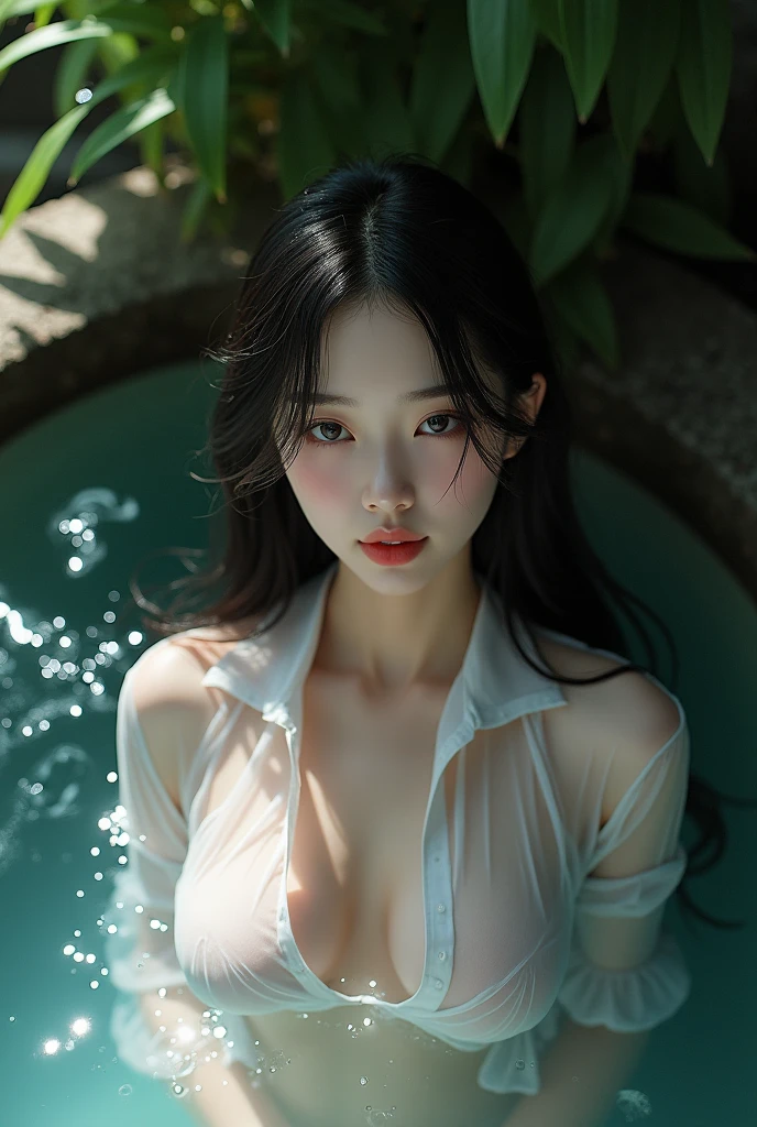 Image of an extremely beautiful woman,naked, in a magical blue lake, covering her breasts with her hands, very blue eyes, long wet jet black hair, full lips, in magic water, butterflies covering it, phosphorescent blue light, very beautiful