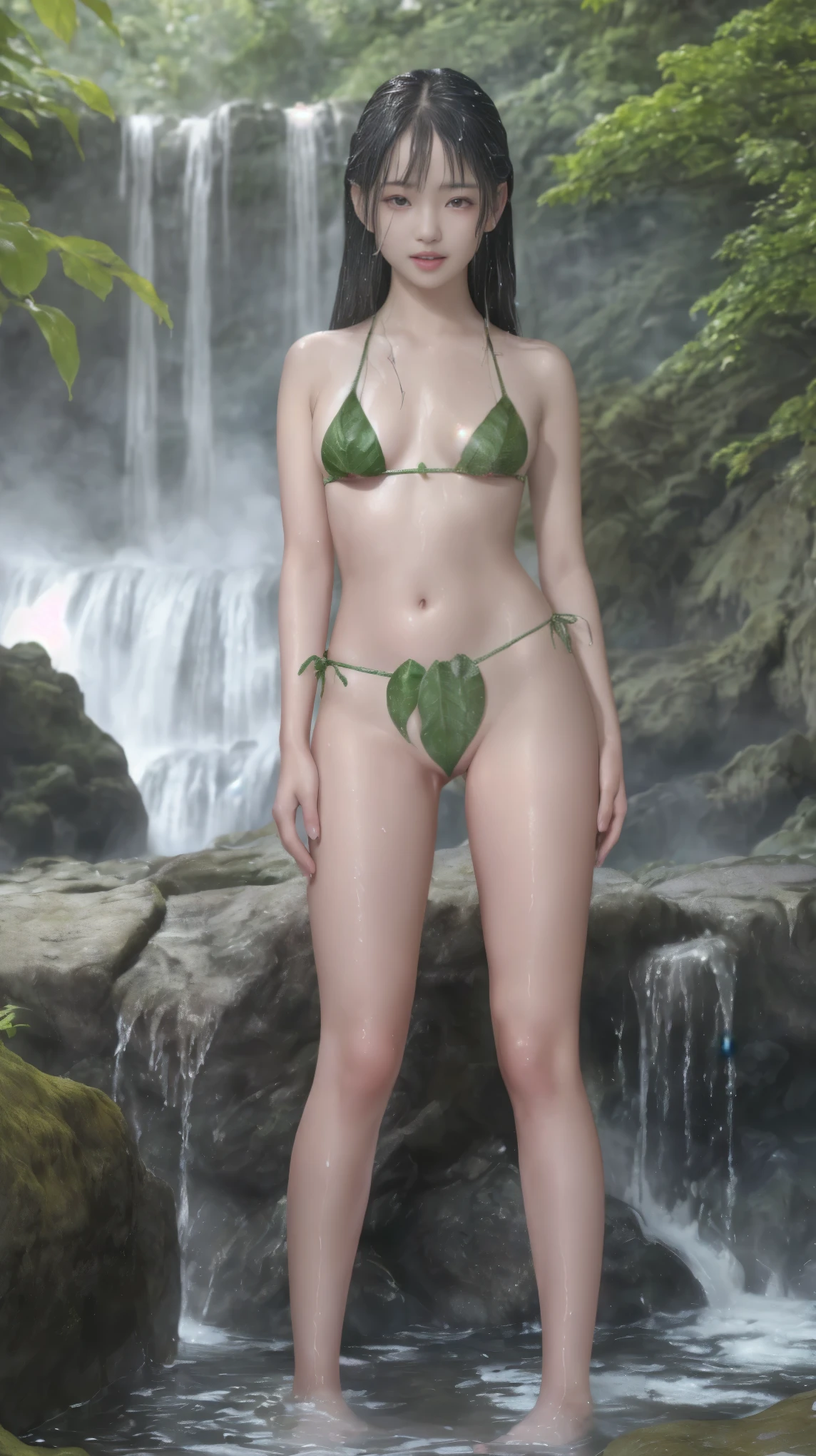 Attack style, holding fan, In place of the dragon statue, Small smile expression, jumping, beautiful eyes, perfect face, full body, artwork, green eyes, (((wearing a very sexy bikini))), ( shapely legs), eye reflection, glowing eyes, anime style, Cinematic lighting, ray tracing, canon, Ultra HD, artwork, 8k