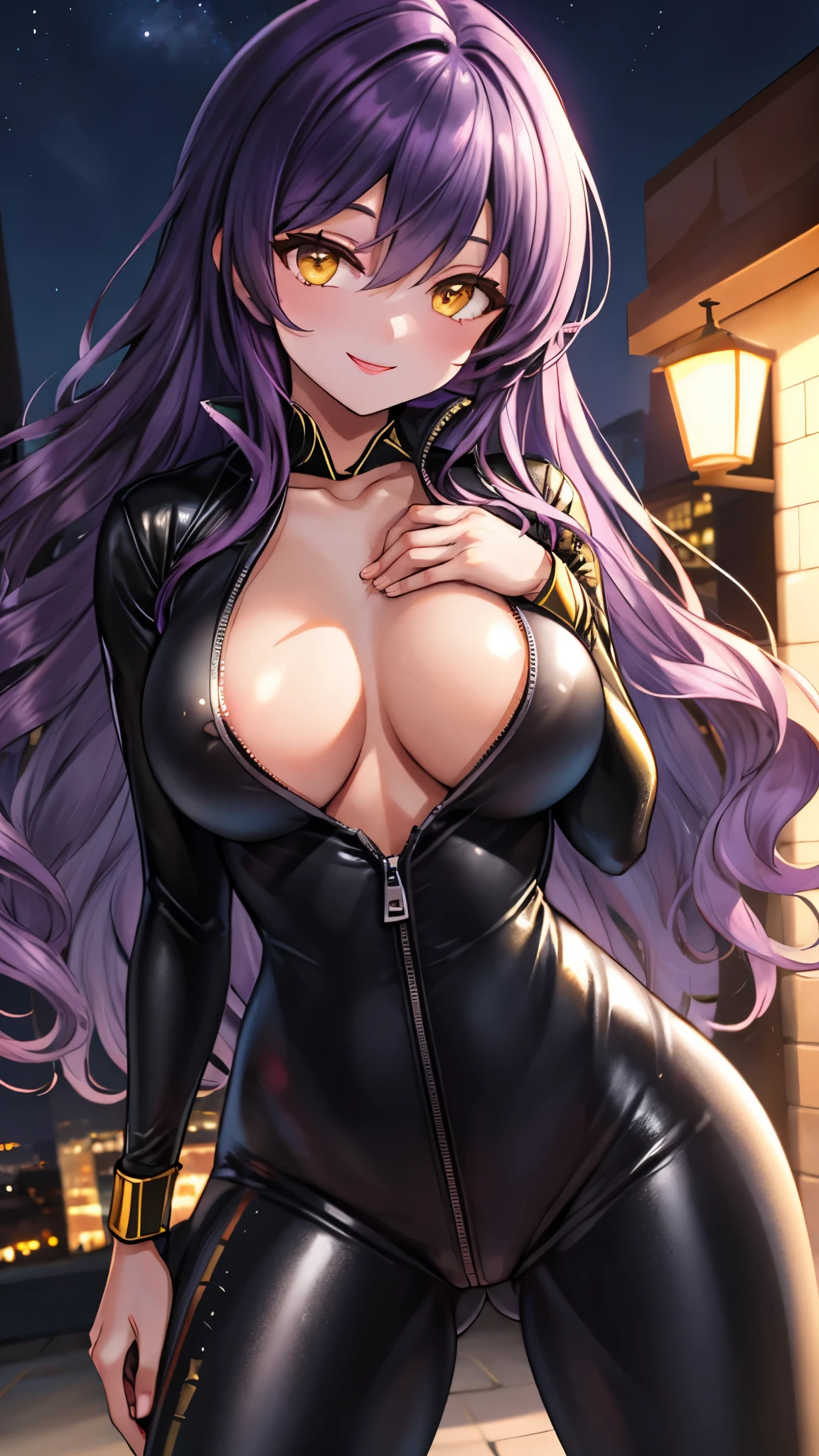 （（super high quality,））（（Ultra-high resolution,））（16K,）（super masterpiece,）（（Ultra HD ,））（Detailed shading,）One sexy mature woman,Tight black riding suit,popped Tight open collar,Long wavy hair,（（Purple hair from the top to half of the head,Golden from half of hair downwards,））Purple-tinged golden eyes,Sexy smile,Night view,