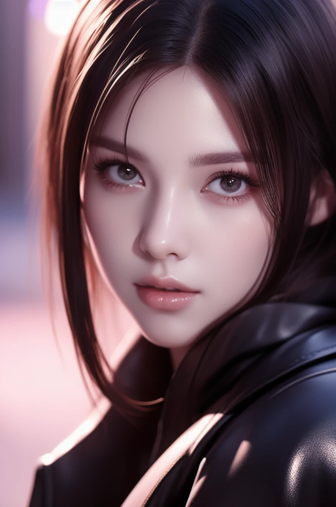 Beautiful girl with realistic black eyes, Pale skin, Glossy pink lips, Medium length black hair, Perfect Face, Perfect Eyes, Wearing a coat, Full Body Shot, Character portrait, Advanced Details, Overall Movie, Digital Painting, 8k, Cinematic Lighting, Highest quality, High resolution, Detailed work, Post-processing, Perfect results, Ultra-realistic