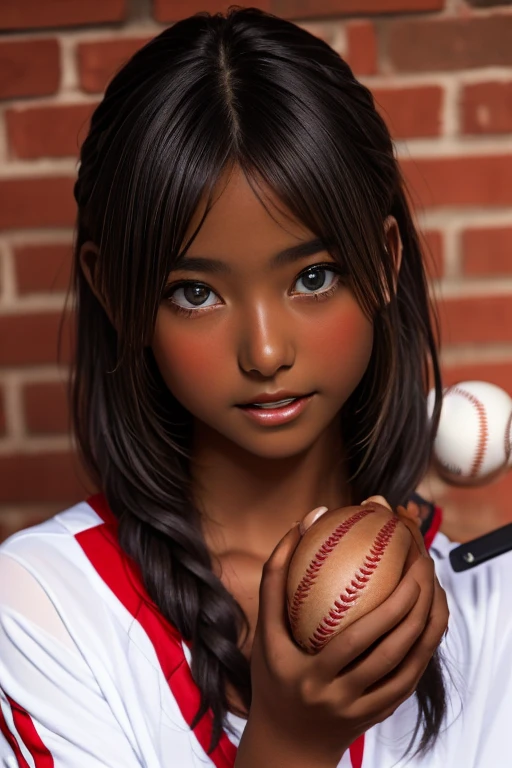 (((( one girl )))), Put your hand over your mouth、Beautiful breasts、 Brown eyes, ((Gal Hairstyles)) blonde, girl, (Eye and facial details:1.0), break, (masterpiece, Highest quality, Very detailed, Detailed face, 8k),( dark skin:2.0 ), (((( baseball uniform )))),( open mouth ),(((( thick lips ))))