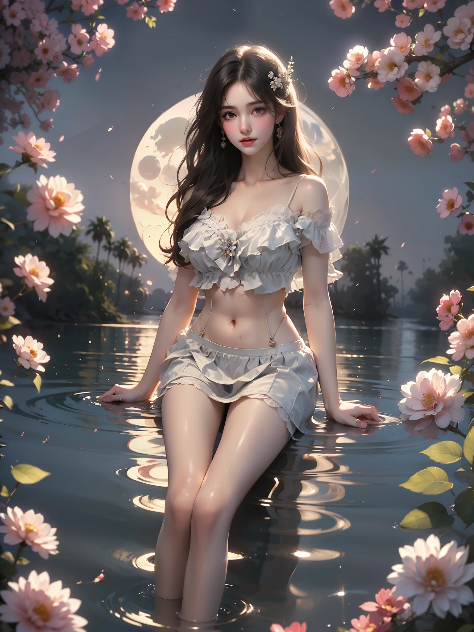 (High quality details), 1 Girl, solo, Young women, Elegant Posture, ((night, moonlight)), (Female figure，Lying position，Lie flat in the water，Relaxed expression), (Focus on natural body posture and correct anatomy:1.3), (Perfect leg proportions:1.3)，(True and accurate leg shape:1.2), ((Natural leg position)), The skirt is very short, One hand stroked the hem of the skirt, Lift the hem of your skirt, Bare shoulders, Natural posture, Soft expression, Exquisite makeup, Soft blush, Bright Eyes, Soft lips, Flower fairy style, ((Anatomically accurate)), (Real natural legs), Smooth skin, Soft lighting, high resolution, 8K Ultra HD, Clear focus, Professional photography effects, Random elegant scenes, Multi-angle shooting