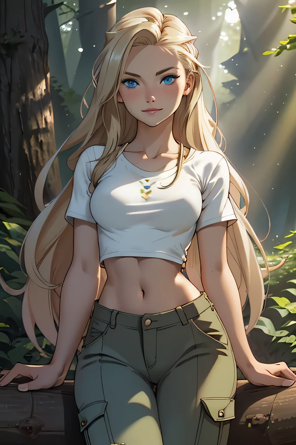 close up 1girl in, photo of Nata Lee, ager, 18, Solo, Aesthetic artwork, (blond, straight blonde hair, super long blonde hair, light blue eyes),  (some small freckles, pale skin, very small breasts, runners body), (thin hips, thin waist: 1.25), detailed skin, neutral face, cute smile, (wearing tight cropped t-shirt, cargo pants), (sitting on a log in the forest),  (realistic photo, best quality, detailed), (8k wallpaper), (cinematic lighting, beautiful light, (day:1.3)) (sharp focus, intricate)
