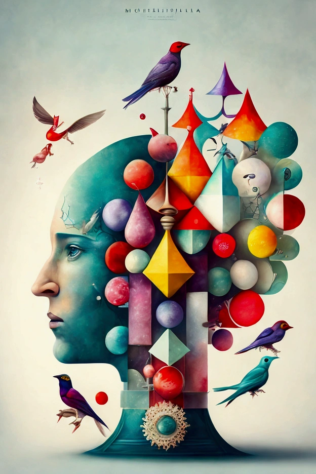 Create a surreal, abstract artwork of a person with their mind bursting with creativity and intellect. The brain is at the center, with one side showcasing artistic elements like vibrant colors, music notes, a red rose, and origami birds symbolizing imagination and creativity. The other side highlights intellectual themes, featuring geometric shapes, chess pieces, columns, and scientific elements like hexagons and chemical formulas. The overall composition blends soft watercolor textures with intricate details, expressing a balance between art and science in the mind