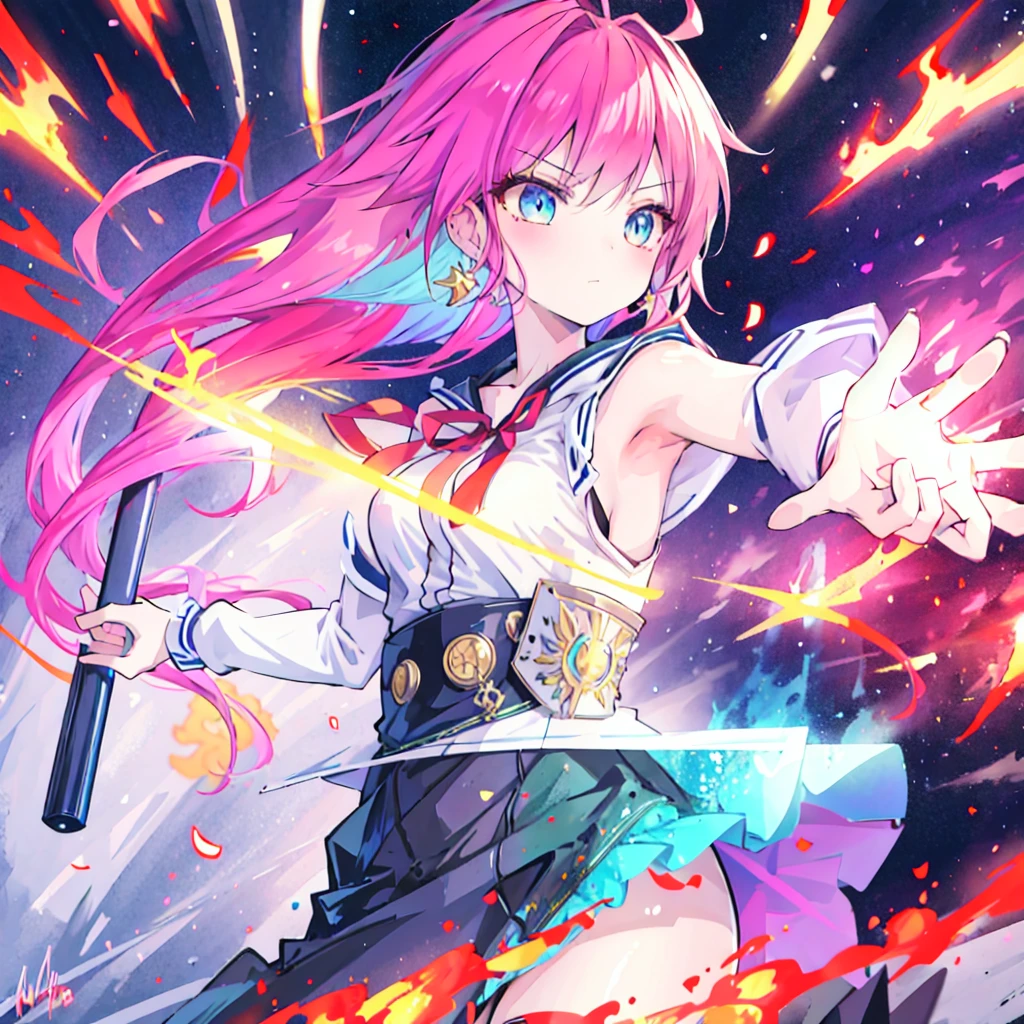 masterpiece, best quality:1.2),anime style:1.8, 1girl, solo, Ultra-detailed, best quality,High saturation, flame, gradient, colorful,magic, vivid colors 