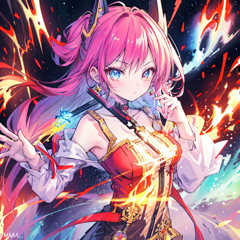 masterpiece, best quality:1.2),anime style:1.8, 1girl, solo, Ultra-detailed, best quality,High saturation, flame, gradient, colorful,magic, vivid colors 