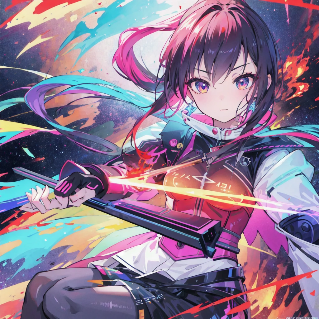 masterpiece, best quality:1.2),anime style:1.8, 1girl, solo, Ultra-detailed, best quality,High saturation, flame, gradient, colorful,magic, vivid colors 