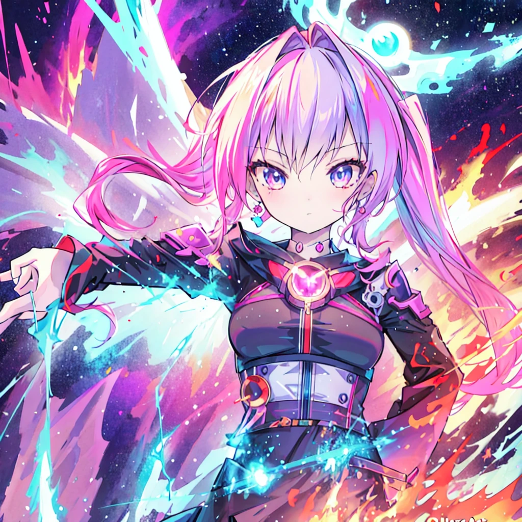 masterpiece, best quality:1.2),anime style:1.8, 1girl, solo, Ultra-detailed, best quality,High saturation, flame, gradient:1.5, colorful,magic, vivid colors 