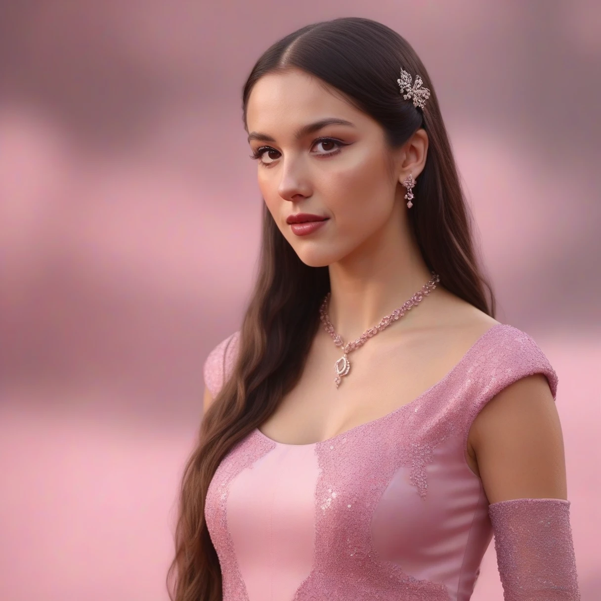 (ohwx) wearing a gorgeous pink dress, long flowing hair, captivating gaze, elegant pose, flawless skin, intense eye contact, sensual expression, intricate dress details, luxurious fabric, radiant lighting, cinematic composition, dreamlike atmosphere, vibrant colors, soft focus, highly detailed, photorealistic, 8k, best quality