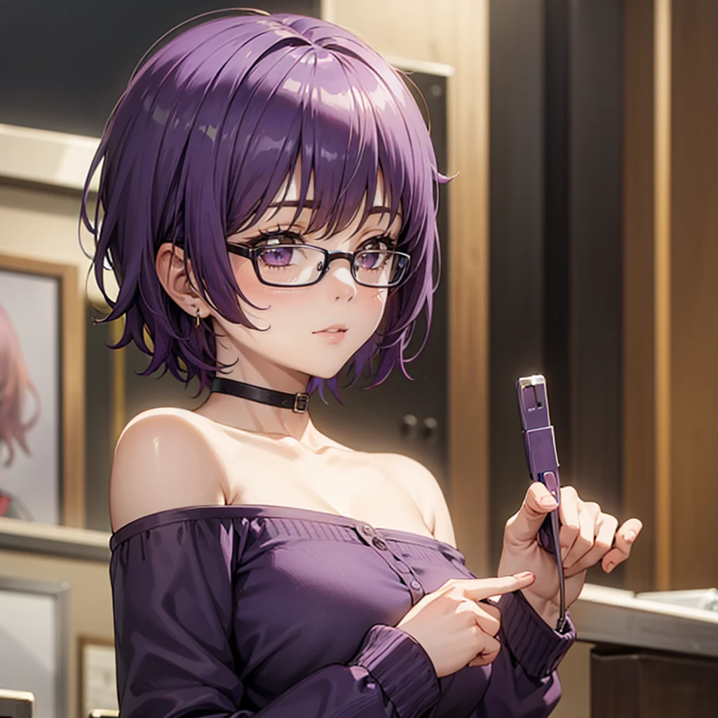 1 Girl, Mature female, masterpiece, , goddess,short hair ,((Purple Hair)),Glasses