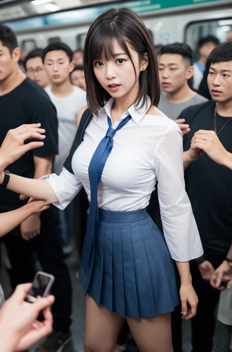 (molestation:1.8) japanese woman, huge breasts:1.5, oversized breasts, (white halfsleeve shirt,darkblue neckribbon,pleated short skirt, darkbrown shoulder length hair,bangs,ear:1.2),Chest grab, in the train, grab your butt, Multiple men around her grab her breasts, Chest grab, multiple hands, masterpiece, highest quality, very detailed, molestation, crowd of men, crowd surfing, very realistic face, very realistic eyes, crowd of men around her, the person who grabs her body, I squeezed my chest, molestation, masterpiece, highest quality, very detailed, 1 girl, multiple hands, Grab your ass with the crazy crowd, Chest grab, the men around her, squeezed body, Many people grab their chests, Be beaten, pulling on clothes, very wet and sweaty, grab clothes, (There are no women in the crowd:1.5), man with necktie