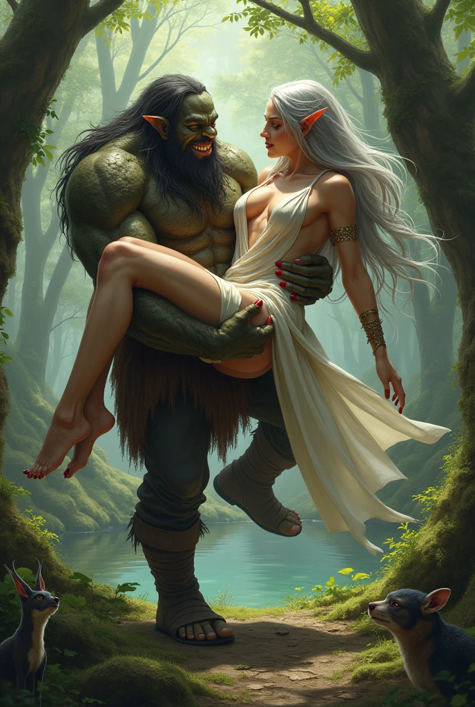 (1,girl, 1boy, duo:1.2, (boy is fucking her hard on the ground, spooning) ), ((girl is a nude, (redhead long hair):1.1,(detail eyes, face)), ((boy is an Orc with big penis), fully nude, (bald):1.1, detailed face) (background, enchanted forest, waterfall), (realistic)