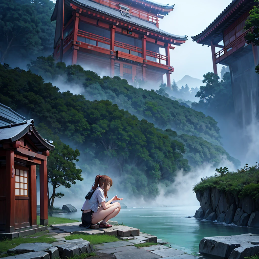 Squatting, (sgNovelcg:1.2), sgzeroNovelcg, No_Humanity, Japanese Shrines, landscape, water, FOG