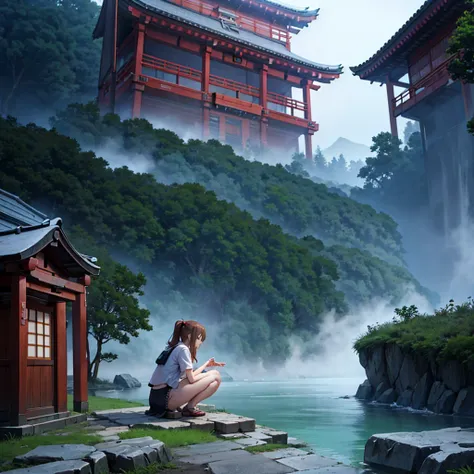 squatting, (sgnovelcg:1.2), sgzeronovelcg, no_humanity, japanese shrines, landscape, water, fog