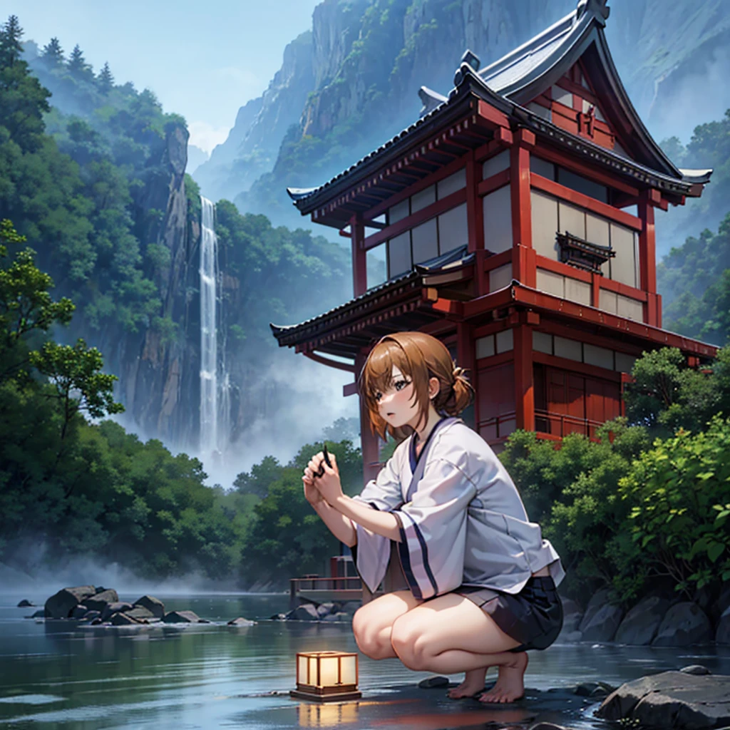 Squatting, (sgNovelcg:1.2), sgzeroNovelcg, No_Humanity, Japanese Shrines, landscape, water, FOG