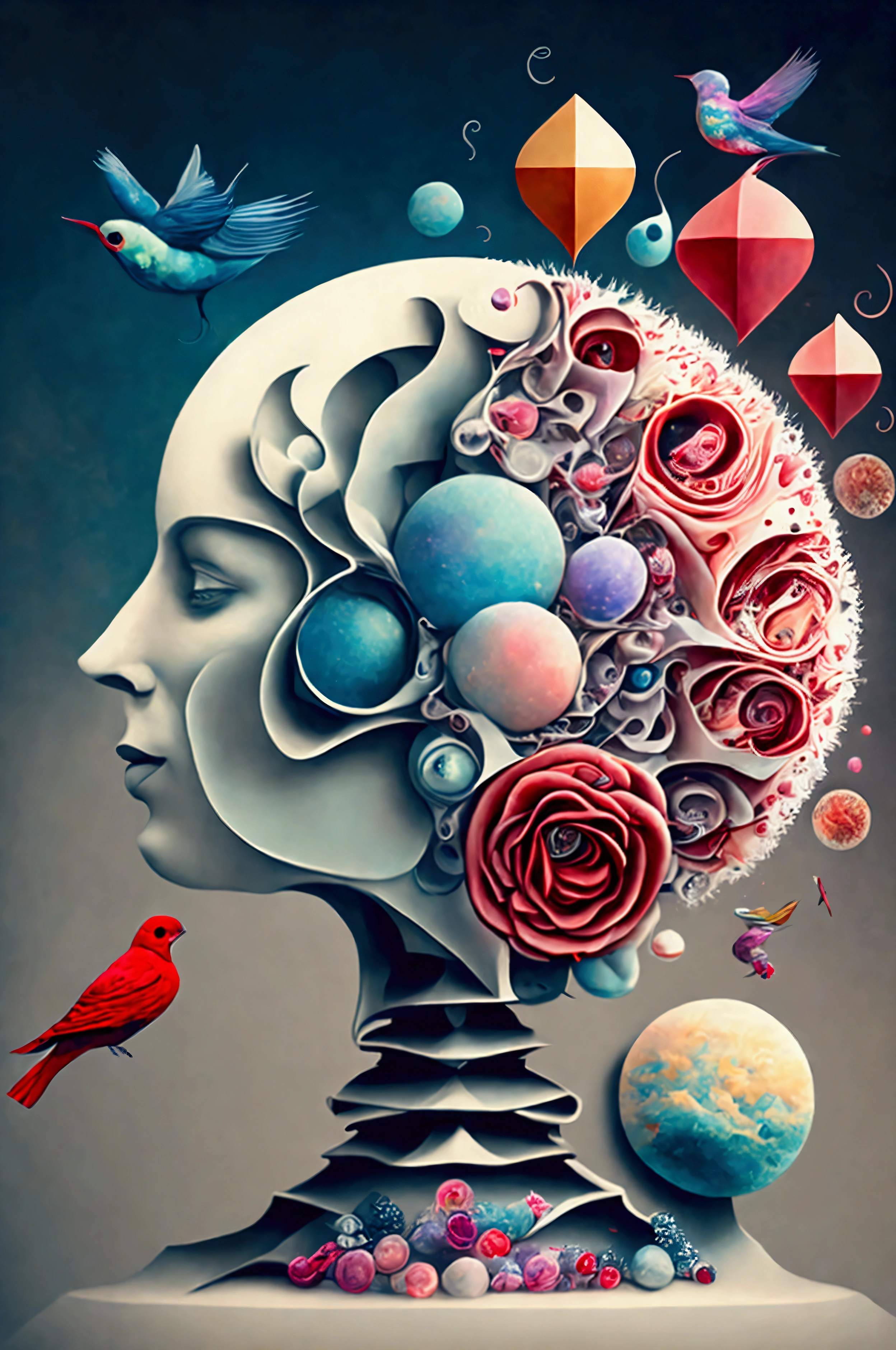 Create a surreal, abstract artwork of a person with their mind bursting with creativity and intellect. The brain is at the center, with one side showcasing artistic elements like vibrant colors, music notes, a red rose, and origami birds symbolizing imagination and creativity. The other side highlights intellectual themes, featuring geometric shapes, chess pieces, columns, and scientific elements like hexagons and chemical formulas. The overall composition blends soft watercolor textures with intricate details, expressing a balance between art and science in the mind