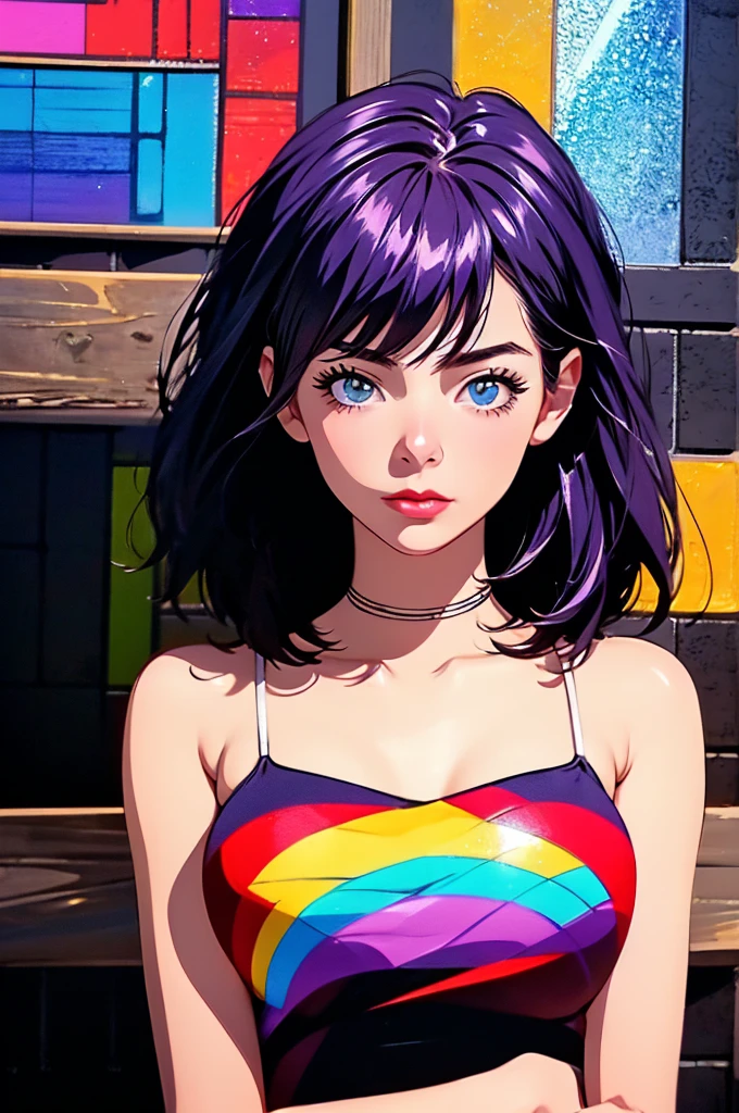 highest quality, 8K resolution, masterpiece, Professional Artwork, Illustration, digital illustration, digital painting, , solo, One Japanese woman, 2, Upper Body View, The background is colorful beautifully designed stained glass, Enchanting atmosphere, contemporary scene, Rainbow Glass, sexy stunning girl, wearing big gowns